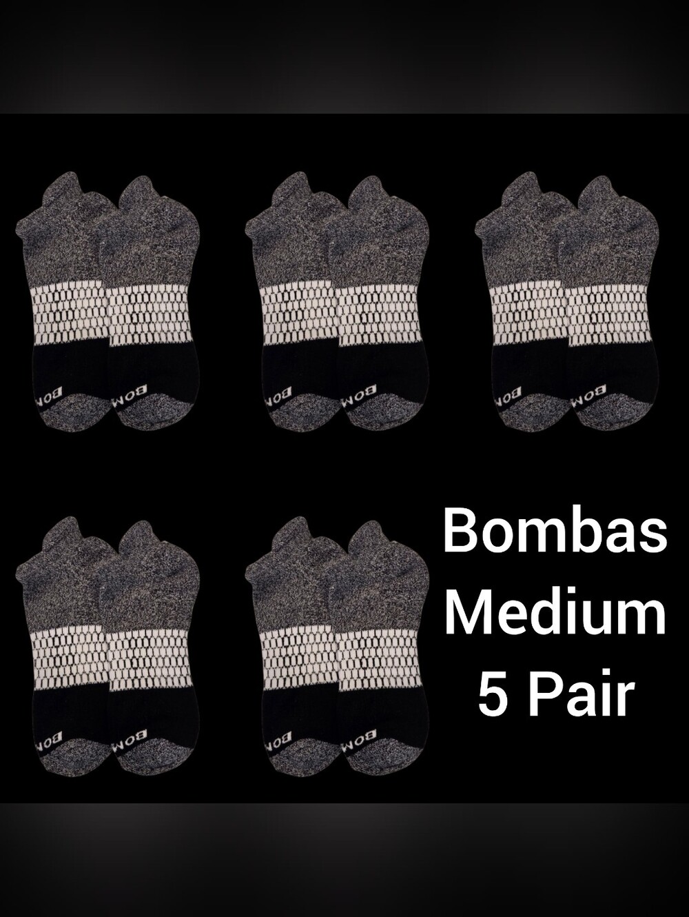 Bombas Medium Ankle Socks Black Gray White 5 Pair BNWT Unisex Honeycomb Arch Sup